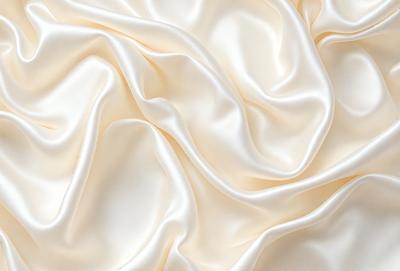 The primary subject of the image is a close-up of a white fabric, possibly silk, with a smooth and shiny texture. The setting is a white background, which provides a clean and minimalist appearance. The visual style is a close-up of the fabric, showcasing its details and texture. The colors and mood of the image are predominantly white, giving it a clean, elegant, and sophisticated feel.
