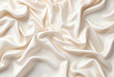 The primary subject of the image is a close-up of a white fabric, possibly silk, with a smooth and shiny texture. The setting is a white background, which provides a clean and minimalist appearance. The visual style is a close-up of the fabric, showcasing its details and texture. The colors and mood of the image are predominantly white, giving it a clean, elegant, and sophisticated feel.