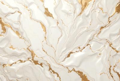 The primary subject of the image is a marble-like surface with a gold and white color scheme. The setting is a white marble wall, and the visual style appears to be a combination of a photo and digital art. The colors and mood of the image are elegant and sophisticated, with the gold and white elements creating a luxurious and refined atmosphere.
