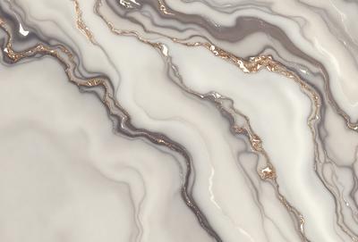 The primary subject of the image is a marble-like surface with a gold and white color scheme. The setting is a patterned marble wall, which serves as the background. The visual style is a close-up of the marble surface, showcasing its intricate patterns and textures. The colors and mood of the image are elegant and sophisticated, with the gold and white tones creating a luxurious and timeless atmosphere.