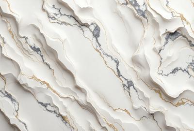 The primary subject of the image is a marble wall with a gold and white color scheme. The setting is a room with a white marble wall, and the visual style is a close-up of the wall. The colors and mood of the image are elegant and sophisticated, with the gold and white elements creating a luxurious and refined atmosphere.