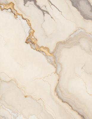 The primary subject of the image is a marble countertop with a gold-colored vein running through it. The setting is a kitchen, and the visual style is a close-up of the marble countertop. The colors and mood of the image are predominantly white and gold, giving it a luxurious and elegant appearance.