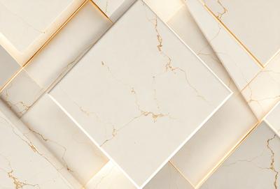The primary subject of the image is a square piece of marble, which is the main object in the scene. The marble is displayed on a white background, giving it a clean and elegant appearance. The visual style of the image is a close-up of the marble, showcasing its texture and details. The colors in the image are predominantly white and gold, creating a sense of luxury and sophistication.