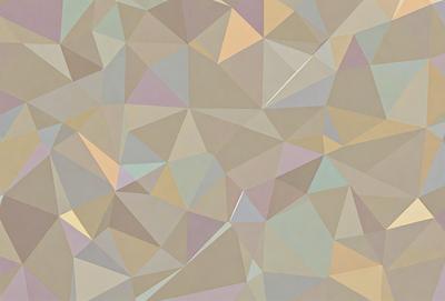 The primary subject of the image is a geometric pattern, featuring a combination of triangles and diamonds. The setting is a wall, and the visual style is a digital art or illustration. The dominant colors in the image are a mix of purple, yellow, and brown, creating a warm and vibrant atmosphere.