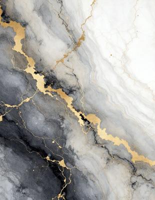 The primary subject of the image is a marble countertop with a gold-colored design. The setting is a kitchen, and the visual style is a combination of photo and digital art. The countertop features a gold-colored design, which adds a touch of luxury and sophistication to the space. The overall atmosphere is elegant and inviting.