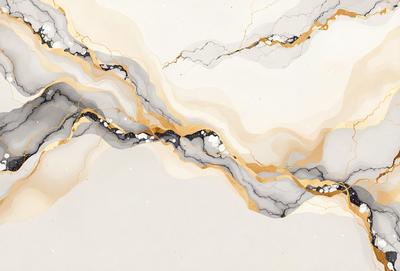 The primary subject of the image is a marble-like pattern, which is a digital artwork. The setting is a white background, and the visual style is a combination of digital art and illustration. The colors and mood of the image are predominantly white, with some gold accents, giving it a clean and elegant appearance.