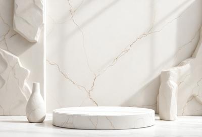 The primary subject of the image is a white marble countertop. The setting is a bathroom, with a white marble sink and a white marble countertop. The visual style is a photo, and the colors and mood are predominantly white, giving the bathroom a clean and elegant appearance.