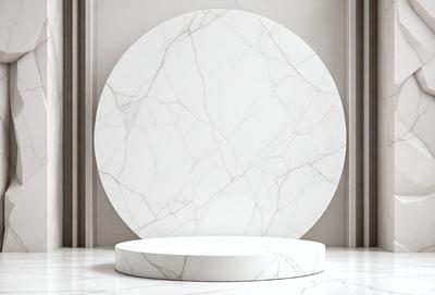 The primary subject of the image is a white marble circle, which is the main object, scene, or focus of the image. The setting is a white marble wall, and the visual style is a photo. The colors and mood of the image are predominantly white, giving it a clean and minimalist appearance.