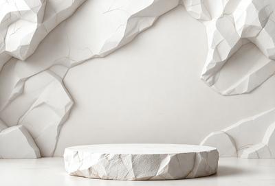 The primary subject of the image is a white, round, marble-like tabletop. The tabletop is placed on a white surface, which could be a table or a wall. The visual style of the image is a combination of photo and digital art, creating a unique and artistic representation of the marble-like tabletop. The colors and mood of the image are predominantly white, giving it a clean and minimalist appearance.