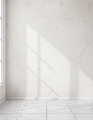 The primary subject of the image is a white wall with a marble texture. The setting is a room with a window, and the visual style is a photo. The colors and mood of the image are predominantly white, giving it a clean and minimalist appearance.