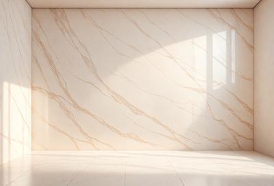 The primary subject of the image is a wall with a marble texture. The setting is a room with a window, and the visual style is a photo. The colors and mood of the image are predominantly white, giving it a clean and minimalist appearance.