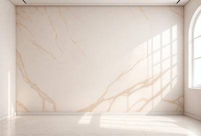 The primary subject of the image is a large, white wall with a marble-like texture. The setting is a room with a window, and the visual style appears to be a photo of the wall. The colors and mood of the image are predominantly white, giving it a clean and minimalist appearance.