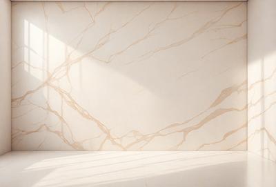 The primary subject of the image is a marble wall with a patterned texture. The setting is a room with a white wall, and the visual style is a photo. The colors and mood of the image are predominantly white, giving it a clean and minimalist appearance.