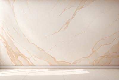 The primary subject of the image is a marble wall with a patterned texture. The setting is a room with a white floor, and the visual style is a photo. The colors and mood of the image are predominantly white, giving it a clean and elegant appearance.