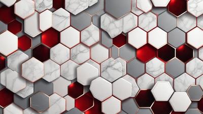 The primary subject of the image is a patterned wall made of marble tiles. The setting is a room with a marble wall as the main focus. The visual style is a close-up of the marble wall, showcasing its intricate design. The colors and mood of the image are predominantly red and white, giving it a bold and elegant appearance.