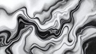 The primary subject of the image is a close-up of a black and white pattern, which appears to be a digital art or illustration. The setting is a white background, and the visual style is a combination of black and white and possibly some grayscale elements. The dominant colors are black, white, and gray, creating a moody and artistic atmosphere.