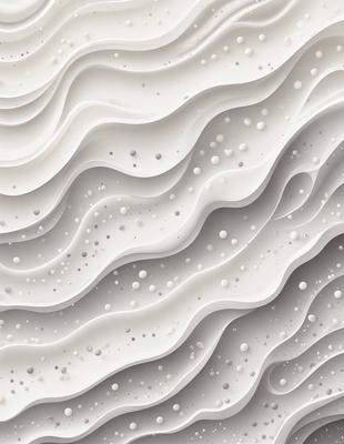 The primary subject of the image is a large, white, textured wall with a pattern of white dots. The setting is a room with a white background, and the visual style appears to be a combination of photo and digital art. The dominant colors are white and gray, creating a clean and minimalist atmosphere.