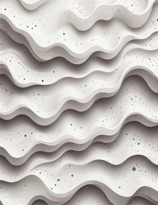 The primary subject of the image is a large, white, textured wall with a pattern of waves. The setting is a room with a white background, and the visual style is a combination of photo and digital art. The dominant colors are white and gray, creating a clean and minimalist atmosphere.