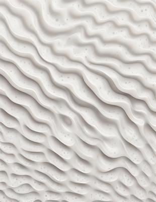 The primary subject of the image is a white wall with a pattern of waves or swirls. The setting is a room with a white background, and the visual style appears to be a combination of a photo and a digital art or illustration. The dominant colors are white and gray, creating a clean and minimalist atmosphere.