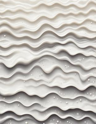 The primary subject of the image is a white, textured wall with a pattern of waves. The setting is a room with a white background, and the visual style is a combination of photo and digital art. The dominant colors are white and gray, creating a clean and minimalist atmosphere.