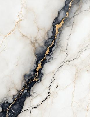 The primary subject of the image is a marble surface with a gold streak running through it. The setting is a white marble countertop, and the visual style is a close-up of the marble surface. The colors and mood of the image are predominantly white and gold, creating a sense of elegance and sophistication.