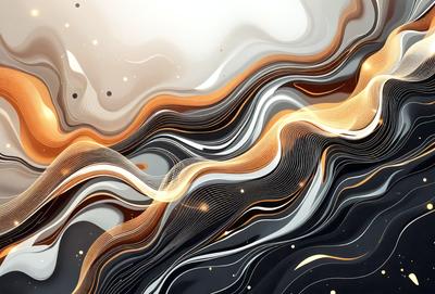 The primary subject of the image is a colorful, abstract design featuring a mix of orange, white, and gray tones. The setting is a black background, which contrasts with the vibrant colors of the design. The visual style appears to be a combination of digital art and illustration, creating a unique and eye-catching pattern. The overall atmosphere is energetic and dynamic, with the design's colors and patterns evoking a sense of movement and creativity.