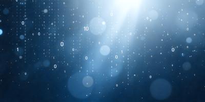 The primary subject of the image is a blue background with a pattern of numbers and dots. The setting appears to be a dark room, and the visual style is a combination of digital art and illustration. The dominant colors are blue and white, creating a calm and serene atmosphere.