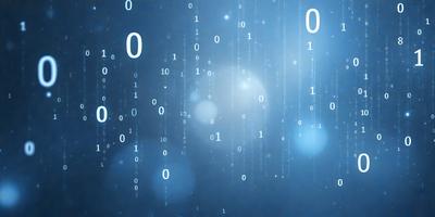 The primary subject of the image is a blue background with a pattern of binary code, which appears to be a digital art or illustration. The setting is a dark background, and the visual style is a combination of digital art and binary code patterns. The colors and mood of the image are predominantly blue, with a sense of depth and complexity.