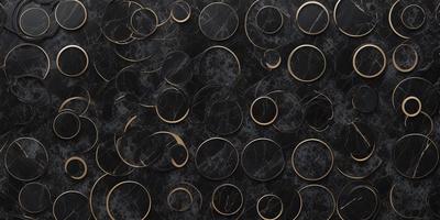 The primary subject of the image is a pattern of circles, which are arranged in a visually appealing manner. The circles are made of various materials, such as marble, wood, and metal. The setting is a black background, which contrasts with the circles, making them stand out. The visual style of the image is a combination of digital art and illustration, creating a unique and eye-catching design. The colors and mood of the image are predominantly dark, with the circles providing a touch of brightness and