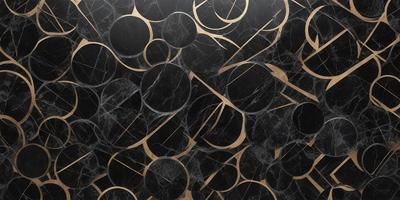 The primary subject of the image is a pattern of circles, which are arranged in a visually appealing manner. The setting is a black and gold marble surface, which adds a luxurious and elegant touch to the overall atmosphere. The visual style of the image is a combination of photo and digital art, creating a unique and intricate design. The dominant colors in the image are black and gold, which contribute to the sophisticated and elegant appearance of the marble surface.
