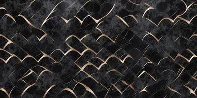 The primary subject of the image is a black and gold patterned wallpaper. The setting is a room with a black and gold patterned wallpaper on the wall. The visual style is a close-up of the wallpaper, showcasing its intricate design. The colors and mood of the image are predominantly black and gold, creating a luxurious and elegant atmosphere.