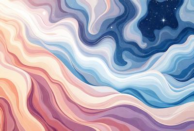 The primary subject of the image is a colorful, swirling, and abstract painting of a sky. The setting is a night sky with stars, creating a serene and captivating atmosphere. The visual style is a combination of digital art and illustration, showcasing the artist's creativity and skill. The dominant colors in the painting are blue, purple, and pink, which contribute to the overall mood of the artwork.