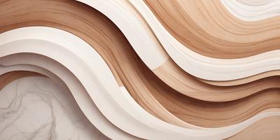 The primary subject of the image is a series of wooden panels arranged in a wave-like pattern. The setting is a white background, which contrasts with the wooden panels. The visual style is a combination of photo and digital art, creating a unique and artistic representation of the wooden panels. The colors and mood of the image are predominantly white, with the wooden panels adding a natural and warm tone to the overall atmosphere.