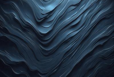 The primary subject of the image is a blue, textured surface that resembles a waterfall or a wave. The setting is a dark blue background, which contrasts with the blue surface. The visual style is a combination of a photo and digital art, creating a unique and intriguing appearance. The dominant colors are blue, with some grays and blacks, giving the image a calm and serene mood.