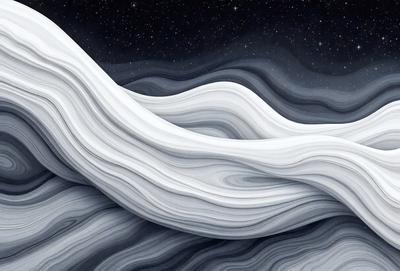 The primary subject of the image is a large, flowing sheet of white fabric. The setting is a dark, star-filled sky, creating a dramatic contrast between the fabric and the background. The visual style is a combination of digital art and illustration, with the fabric appearing to be a digital rendering of a traditional fabric pattern. The colors and mood of the image are predominantly dark and moody, with the white fabric standing out against the star-filled sky.