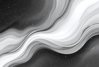The primary subject of the image is a white, flowing, and curved line that appears to be a part of a larger pattern. The setting is a dark, star-filled sky, creating a contrasting backdrop for the line. The visual style is a combination of digital art and illustration, with the line being the main focus of the image. The colors are predominantly black and white, giving the image a dramatic and moody atmosphere.