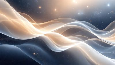 The primary subject of the image is a flowing, swirling, and curling pattern of light, which appears to be a digital art or illustration. The setting is a dark, star-filled sky, creating a contrasting backdrop for the light pattern. The visual style is a combination of digital art and illustration, with the light pattern resembling a flowing waterfall. The colors and mood of the image are predominantly dark and moody, with the light pattern providing a sense of movement and dynamism