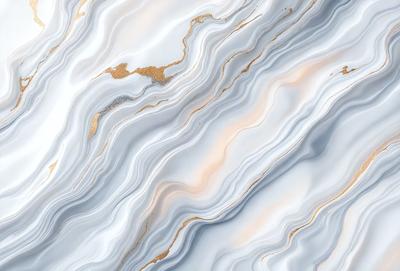 The primary subject of the image is a marble-like pattern with gold accents. The setting is a white marble wall, and the visual style is a combination of photo and digital art. The dominant colors are white and gold, creating a luxurious and elegant atmosphere.