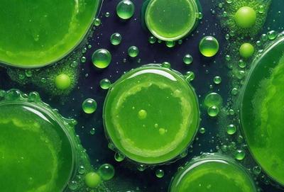 The primary subject of the image is a close-up of a green substance, possibly a type of food or a liquid, with a few droplets of water surrounding it. The setting appears to be a dark background, which contrasts with the green substance. The visual style of the image is a close-up, which emphasizes the details of the green substance. The colors and mood of the image are predominantly green, giving it a fresh and natural appearance.