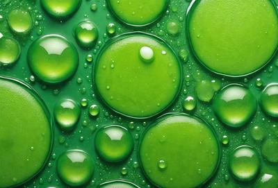 The primary subject of the image is a close-up of a green, bubbly surface, possibly a piece of art or a pattern. The setting is a green background, which adds to the overall atmosphere. The visual style appears to be a combination of photo and digital art, creating a unique and interesting visual effect. The colors and mood of the image are predominantly green, giving it a fresh and lively appearance.