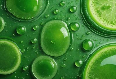 The primary subject of the image is a close-up of a green lime, which is the main object in the scene. The lime is surrounded by water droplets, creating a visually appealing and refreshing atmosphere. The setting is a close-up of the lime, with the background being the water droplets. The visual style is a close-up of the lime, which gives the image a realistic and natural appearance. The colors and mood of the image are predominantly green, with