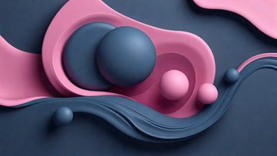The primary subject of the image is a three-dimensional sculpture of a blue ball, a pink ball, and a purple ball. The setting is a blue background, which creates a contrast with the colors of the balls. The visual style is a combination of digital art and illustration, as the balls are depicted in a three-dimensional manner. The colors and mood of the image are predominantly blue, pink, and purple, giving it a calm and soothing atmosphere.