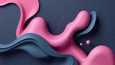 The primary subject of the image is a large, pink and blue, abstract art piece. The setting is a dark background, which contrasts with the vibrant colors of the artwork. The visual style is a combination of digital art and illustration, creating a unique and eye-catching design. The dominant colors are pink and blue, giving the artwork a lively and energetic atmosphere.