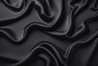 The primary subject of the image is a close-up of a black fabric, possibly a piece of clothing or a curtain. The setting is a dark room, and the visual style appears to be a photo. The colors and mood of the image are predominantly dark and moody, with the black fabric being the main focus.