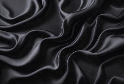 The primary subject of the image is a close-up of a black fabric, possibly a piece of clothing or a curtain. The setting is a dark background, which emphasizes the fabric's texture and pattern. The visual style appears to be a photo, as it captures the details of the fabric. The colors and mood of the image are predominantly dark, with the black fabric being the main focus.