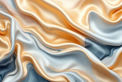 The primary subject of the image is a large, swirling mass of fabric, which appears to be a combination of blue, white, and orange. The setting is a backdrop of a wall, and the visual style is a digital art or illustration. The colors and mood of the image are vibrant and dynamic, with the blue, white, and orange hues creating a sense of movement and energy.