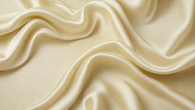 The primary subject of the image is a close-up of a piece of fabric, likely silk, with a smooth and shiny texture. The setting is a white background, which highlights the fabric's color and texture. The visual style is a detailed, close-up shot of the fabric, showcasing its intricate patterns and texture. The colors and mood of the image are predominantly white, giving it a clean and elegant appearance.