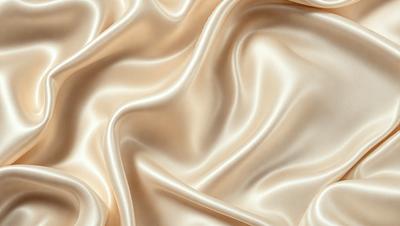 The primary subject of the image is a close-up of a piece of silk fabric. The setting is a white background, which highlights the fabric's texture and color. The visual style is a detailed, close-up shot of the silk, showcasing its intricate patterns and texture. The colors and mood of the image are predominantly neutral, with the silk's natural hues and the white background creating a calm and elegant atmosphere.