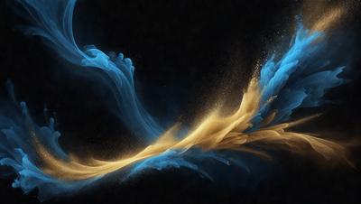 The primary subject of the image is a blue and yellow swirl, which appears to be a digital art or illustration. The setting is a dark background, and the visual style gives the impression of a painting or a graphic design. The dominant colors in the image are blue and yellow, creating a vibrant and lively atmosphere.