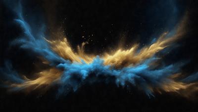 The primary subject of the image is a blue and yellow explosion, which appears to be a digital art or illustration. The setting is a dark background, and the visual style gives the impression of a painting or a graphic design. The dominant colors in the image are blue and yellow, creating a vibrant and energetic atmosphere.